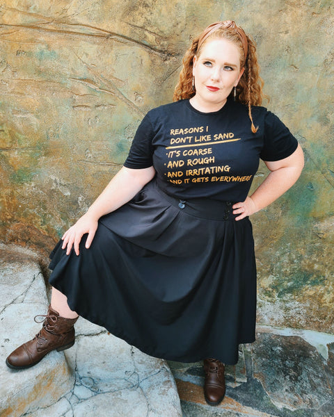Star Wars Shirt Anakin Skywalker Reasons I Don't Like Sand graphic tee funny fathers day disney dad mothers day men women cotton unisex it's coarse and rough and irritating and it gets everywhere Cosplay comic con Darth Vader padme anidala jedi lightsaber Hayden Christensen meet and greet Woman at Galaxy's Edge Disney World with black skirt and brown combat boots jedi braid cosplay outfit Disney Bound dress up costume