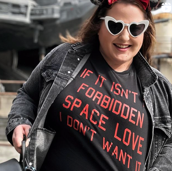 Forbidden Space Love Shirt Star Wars graphic tee outfit top cotton unisex men women cosplay wedding bride groom couples matching Kylo Ren Rey Reylo Padme Anidala Anakin Skywalker Han Solo Princess Leia jedi lightsaber galaxy's edge star wars celebration disney event nite disneyland disneyworld hollywood studios Woman wearing white heart eye sunglasses and kylo ren ben solo darth vader mickey ears and black denim jacket with kylo ren loungefly mini backpack