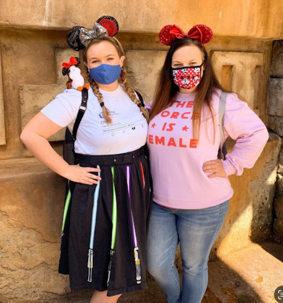 The Force Is Female Sweatshirt cotton polyester unisex women woman mom mothers day galaxy girl sweater top galaxys edge disney trip vacation outfit shirt top cosplay costume womans month girl power empowerment uplifting inspirational pink red black yellow princess leia rey ahsoka Mom wearing mickey ears with daughter wearing Ben Solo Tweet Shirt and kylo ren star wars ears