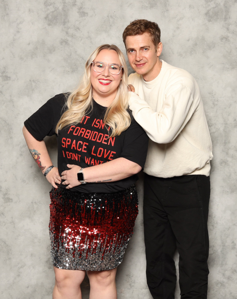 Forbidden Space Love Shirt Star Wars graphic tee outfit top cotton unisex men women cosplay wedding bride groom couples matching Kylo Ren Rey Reylo Padme Anidala Anakin Skywalker Han Solo Princess Leia jedi lightsaber galaxy's edge star wars celebration disney event nite disneyland disneyworld hollywood studios Woman meeting Hayden Christensen at comic con wearing sparkly skirt
