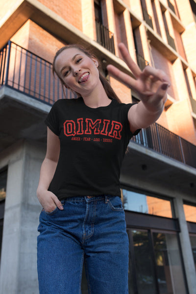 Woman wearing Qimir Anger Fear Loss Desire The Acolyte Shirt. Black shirt with red design. Star Wars
