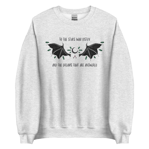 to the stars who listen and the dreams that are answered a court of mist and fury book quote sarah j maas acotar series rhysand feyre archeron night court high lord high lady bat boy t-shirt shirt graphic tee birthday party gift cosplay book club ideas sweatshirt sweater jumper pullover hoodie long sleeve shirt