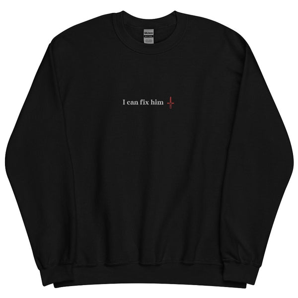 I Can Fix Him with red kylo ren lightsaber embroidered black sweatshirt. For Star Wars fans of sequels trilogy. Adam Driver.