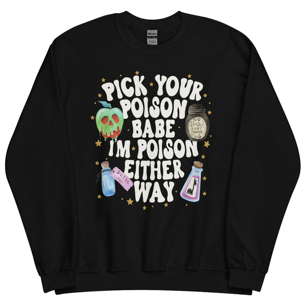 Purple graphic t-shirt with Disney poison apple and potion bottles design, surrounded by stars, with bold text ‘Pick Your Poison Babe I’m Poison Either Way’ – Halloween Taylor Swift inspired shirt. sweatshirt jumper pullover hoodie long sleeve black