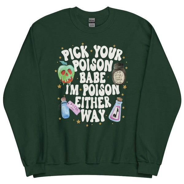 Purple graphic t-shirt with Disney poison apple and potion bottles design, surrounded by stars, with bold text ‘Pick Your Poison Babe I’m Poison Either Way’ – Halloween Taylor Swift inspired shirt. sweatshirt jumper pullover hoodie long sleeve