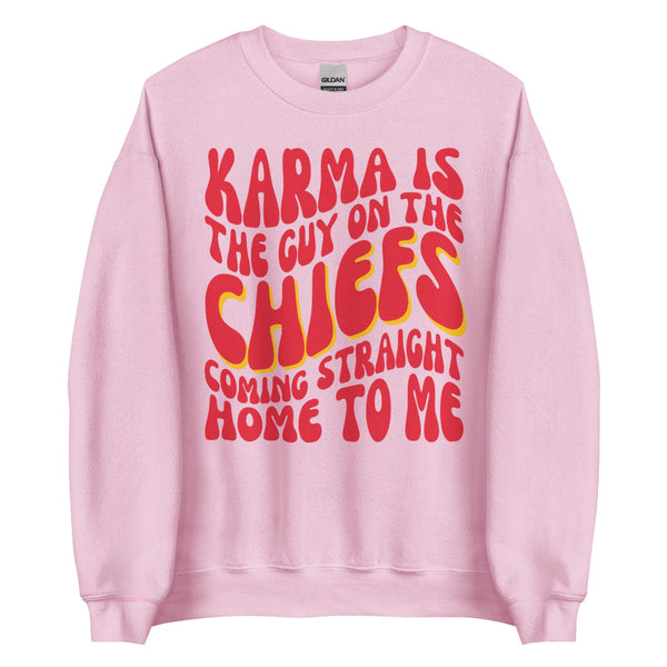 Karma is the guy on the chiefs sweatshirt shirt top outfit pullover jumper hoodie taylor swift travis kelce tayvis gift merch eras tour ideas boyfriend girlfriend wedding engagement