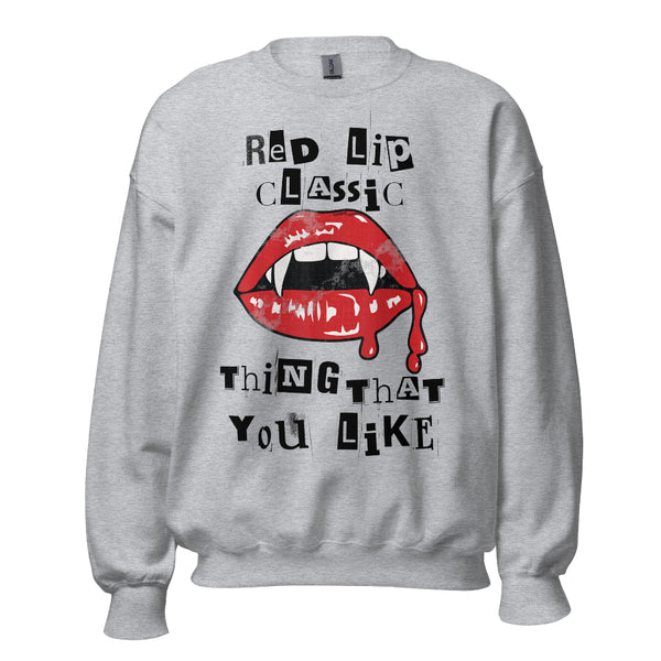 White crewneck sweatshirt with red vampire lips graphic and dripping blood, surrounded by text ‘Red Lip Classic Thing That You Like’ – Taylor Swift inspired Halloween sweatshirt. 1989 taylors version style blank space music lyrics grey gray