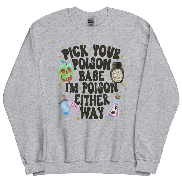 Purple graphic t-shirt with Disney poison apple and potion bottles design, surrounded by stars, with bold text ‘Pick Your Poison Babe I’m Poison Either Way’ – Halloween Taylor Swift inspired shirt. sweatshirt jumper pullover hoodie long sleeve grey gray