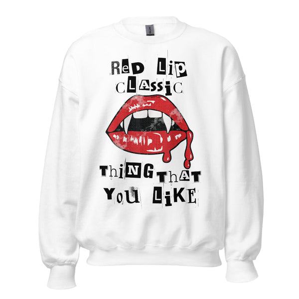 White crewneck sweatshirt with red vampire lips graphic and dripping blood, surrounded by text ‘Red Lip Classic Thing That You Like’ – Taylor Swift inspired Halloween sweatshirt. 1989 taylors version style blank space music lyrics