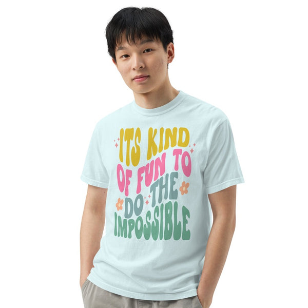its kind of fun to do the impossible comfort colors shirt walt disney quote Mickey Mouse shop friday apparel in light blue chambray