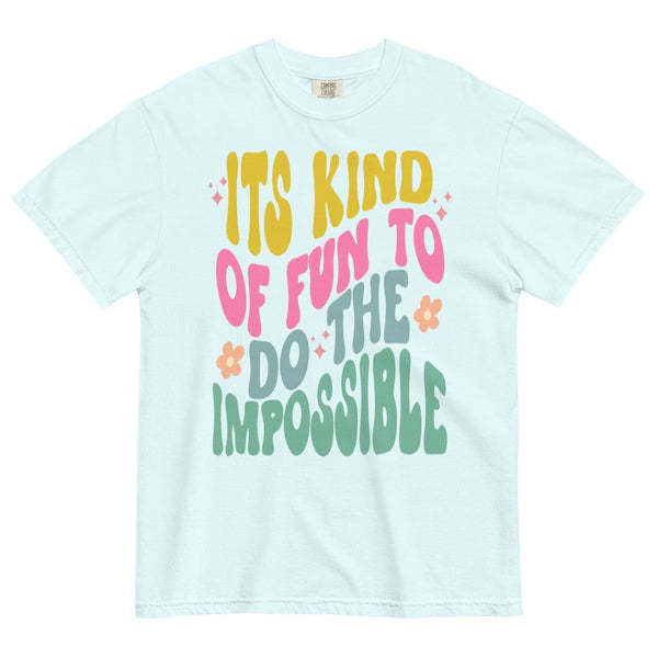 its kind of fun to do the impossible comfort colors shirt walt disney quote Mickey Mouse shop friday apparel in light blue chambray