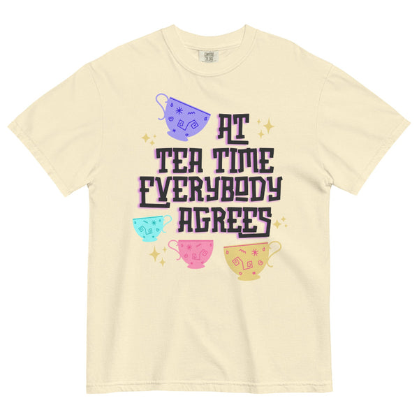 At Tea Time Everybody Agrees Shirt Comfort Colors Beige Brown Tan Cream with Purple, Teal Blue, Pink and Yellow teacups ride design. Disney Swifties Outfit Top Eras Tour Midnights Music Lyrics Theme Park