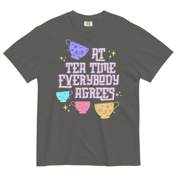 At Tea Time Everybody Agrees Shirt Comfort Colors Grey with Purple, Teal Blue, Pink and Yellow teacups ride design. Disney Swifties Outfit Top Eras Tour Midnights Music Lyrics Theme Park