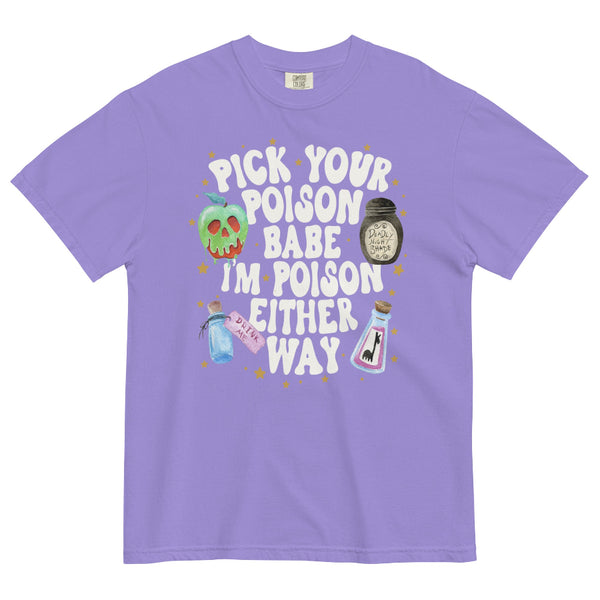 Purple graphic t-shirt with Disney poison apple and potion bottles design, surrounded by stars, with bold text ‘Pick Your Poison Babe I’m Poison Either Way’ – Halloween Taylor Swift inspired shirt. imgonnagetyouback the tortured poets department snow white emperors new groove izma nightmare before christmas deadly night shade llama sipper potion bottle alice in wonderland drink me snow white