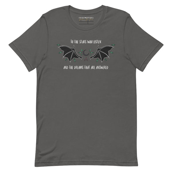 to the stars who listen and the dreams that are answered a court of mist and fury book quote sarah j maas acotar series rhysand feyre archeron night court high lord high lady bat boy t-shirt shirt graphic tee birthday party gift cosplay book club ideas