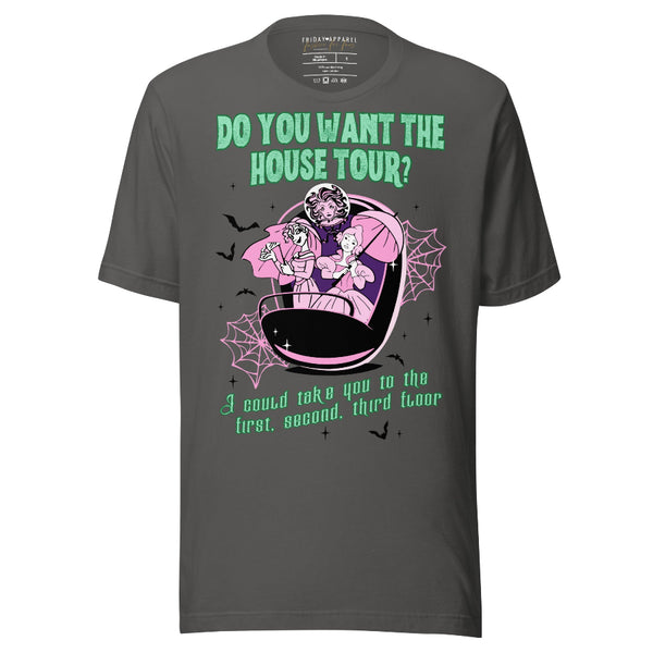 do you want the house tour i could take you to the first second third floor haunted mansion ride disneyland disneyworld graphic tee t-shirt sabrina carpenter house tour mans best friend costume halloween party shirt
