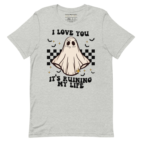 Pink crewneck sweatshirt with ghost design, checkerboard background, bats, and text ‘I Love You It’s Ruining My Life’ – cute spooky Taylor Swift inspired Halloween t-shirt graphic tee gray grey