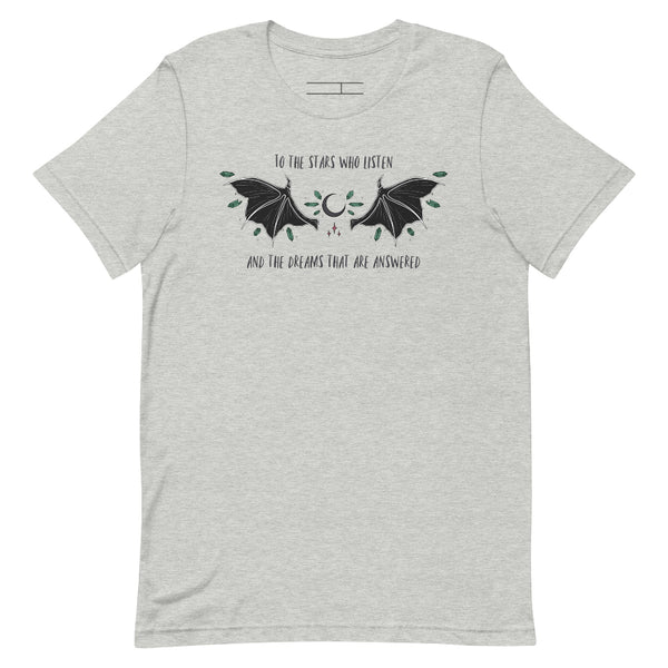to the stars who listen and the dreams that are answered a court of mist and fury book quote sarah j maas acotar series rhysand feyre archeron night court high lord high lady bat boy t-shirt shirt graphic tee birthday party gift cosplay book club ideas