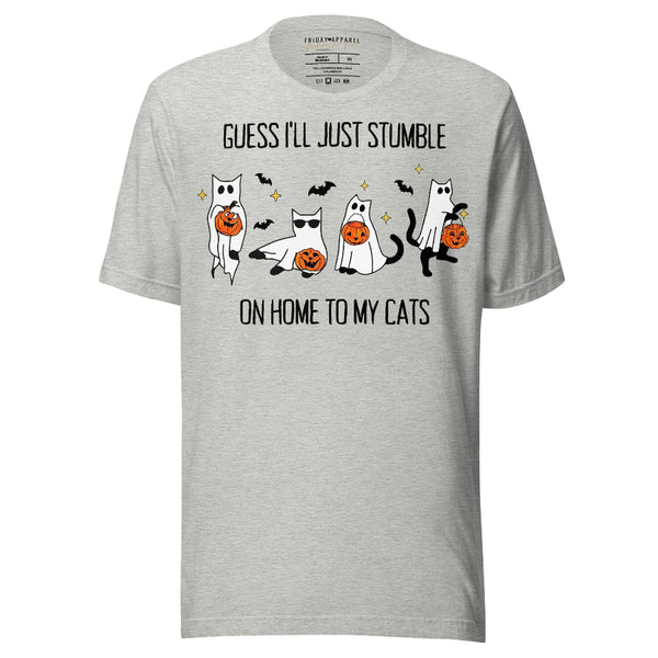 Swiftie Halloween shirt gray ‘Guess I’ll Just Stumble on Home to My Cats’ t-shirt with ghost cats and jack-o-lanterns. taylor swift graphic tee bats holiday outfit costume