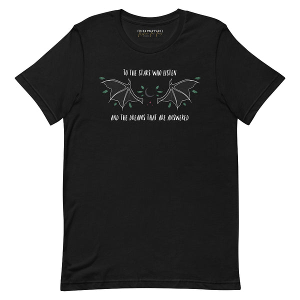 to the stars who listen and the dreams that are answered a court of mist and fury book quote sarah j maas acotar series rhysand feyre archeron night court high lord high lady bat boy t-shirt shirt graphic tee birthday party gift cosplay book club ideas