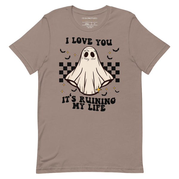 Pink crewneck sweatshirt with ghost design, checkerboard background, bats, and text ‘I Love You It’s Ruining My Life’ – cute spooky Taylor Swift inspired Halloween t-shirt graphic tee