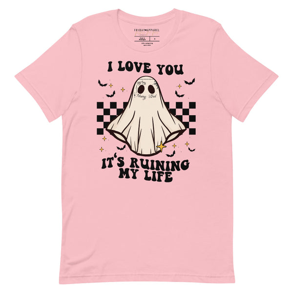 Pink crewneck sweatshirt with ghost design, checkerboard background, bats, and text ‘I Love You It’s Ruining My Life’ – cute spooky Taylor Swift inspired Halloween t-shirt graphic tee pink