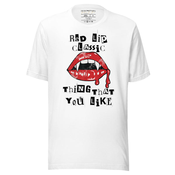 White graphic t-shirt with red vampire lips dripping blood and bold text ‘Red Lip Classic Thing That You Like’ – Taylor Swift inspired Halloween vampire shirt. 1989 style costume travis engaged