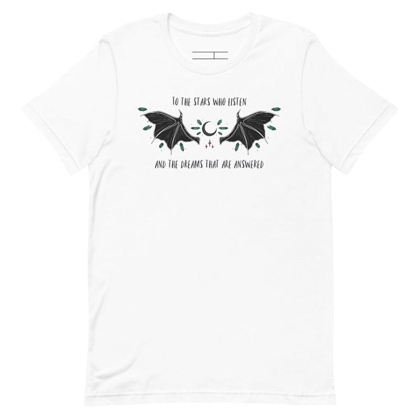 to the stars who listen and the dreams that are answered a court of mist and fury book quote sarah j maas acotar series rhysand feyre archeron night court high lord high lady bat boy t-shirt shirt graphic tee birthday party gift cosplay book club ideas