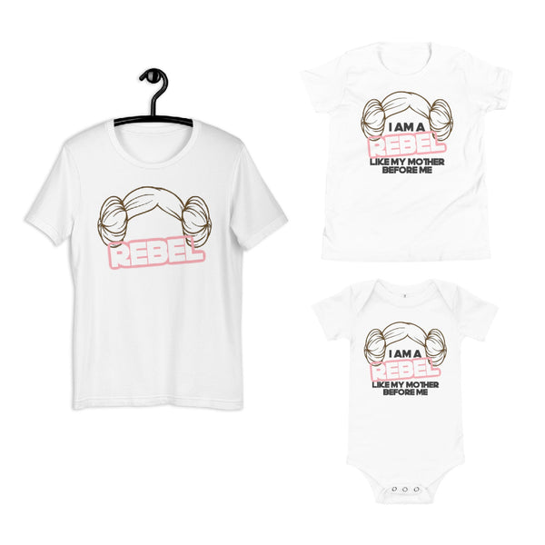 Matching Princess Leia Rebel Bun Shirt mommy and me Star Wars general organa like my mother before me jedi lightsaber galaxys edge tshirt graphic tee woman women child baby kid toddler youth cotton onesie dressup