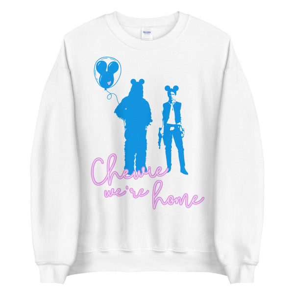 Chewbacca Han Solo Sweatshirt chewie we're home shirt top cotton polyester unisex men women disney trip vacation outfit galaxy's edge batuu star wars mickey balloon mickey ears celebration after hours event jedi lightsaber smugglers run cosplay costume matching family