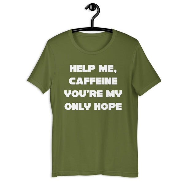 Star Wars Shirt help me caffeine you're my only hope shirt in Green with white design. Princess Leia Organa Obi-Wan Kenobi quote the originals movie. coffee, soda, caffeinated, funny, Galaxy's Edge Batuu Disneyland Walt Disney World may the 4th be with you star wars nite celebration convention