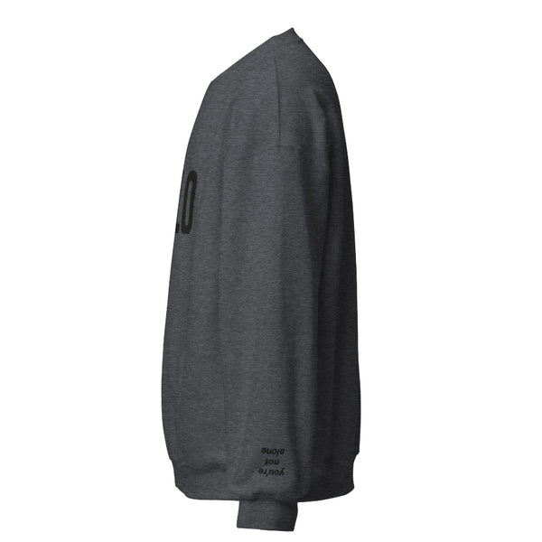 Embroidered sweatshirt that says REYLO on the front and you're not alone on the left sleeve. For Star Wars fans of Kylo Ren, Ben Solo and Rey. Shown in heather dark grey with black embroidery.