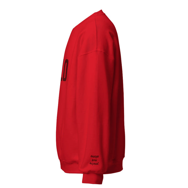 Embroidered sweatshirt that says REYLO on the front and you're not alone on the left sleeve. For Star Wars fans of Kylo Ren, Ben Solo and Rey. Shown in red with red embroidery.