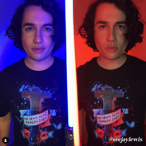Kylo Ren Ben Solo Lightsaber Shirt Graphic Tee No One's Ever Really Gone Star Wars Sequels Novelization Quote Blue Butterfly Rey Nobody Skywalker Tattoo Graffiti Men Women Unisex Galaxy's Edge Disneyland Disney World Comic Con Cosplay Adam Driver Man With Lightsaber Red Blue Luke SKywalker Darth Vader