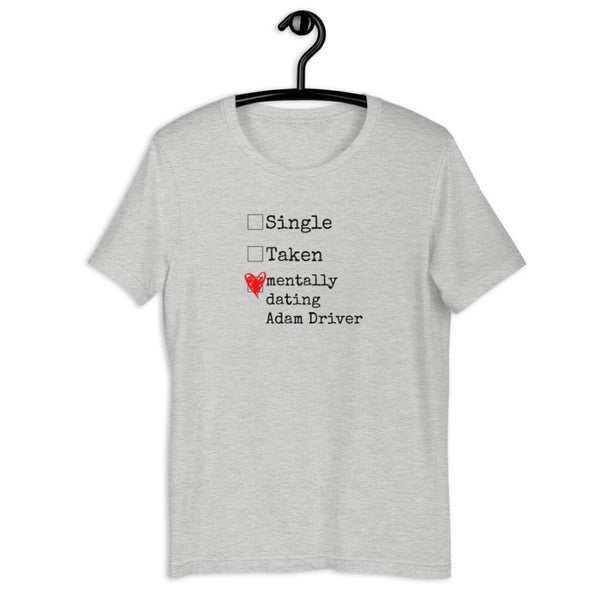 Custom Mentally Dating Shirt, personalize with your celebrity movie character crush. Mentally Dating Kylo Ren in white with red heart on black t-shirt. Size inclusive XS-4XL. Worldwide shipping. Nerdy fan merchandise outfits. Adam Driver Kylo Ren Ben Solo good soup girls house of Gucci actor crush Stan simp