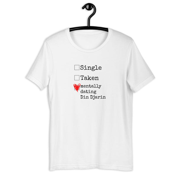 Custom Mentally Dating Shirt, personalize with your celebrity movie character crush. Mentally Dating Kylo Ren in white with red heart on black t-shirt. Size inclusive XS-4XL. Worldwide shipping. Nerdy fan merchandise outfits. Din Djarin the mandalorian baby yoda grogu Boba Fett fennec shand Pedro pascal