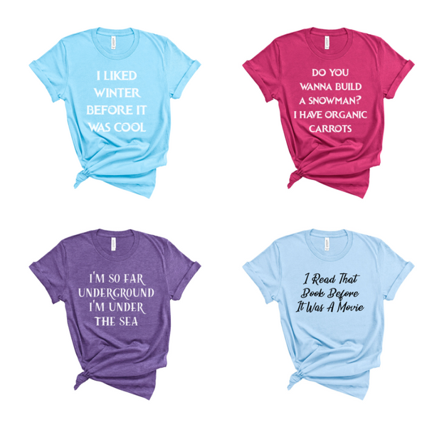 Hipster Princess Shirt Collection, disney inspired tops outfit matching besties girls trip for Halloween and cosplay. Elsa, Anna, Frozen, Ariel, The Little Mermaid, Belle, Beauty and the Beast