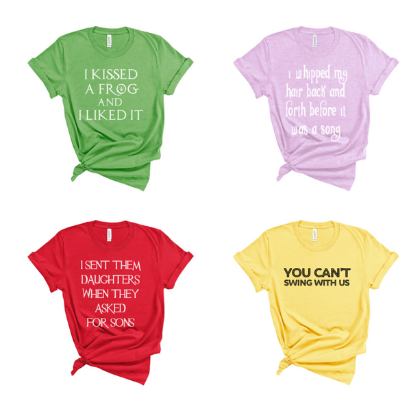 Hipster Princess Shirt Collection, disney inspired tops outfit matching besties girls trip for Halloween and cosplay. Tiana, Rapunzel, Mulan, Jane Tarzan