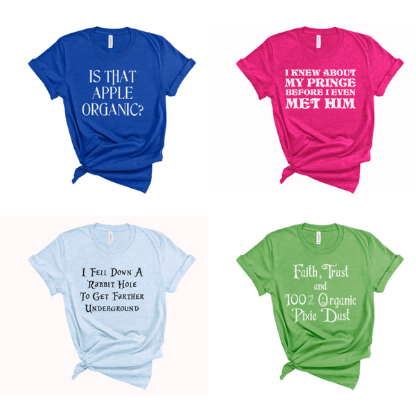 Hipster Princess Shirt Collection, disney inspired tops outfit matching besties girls trip for Halloween and cosplay. Snow White, Aurora Sleeping Beauty, Alice in Wonderland, Tinkerbell Pixie Dust
