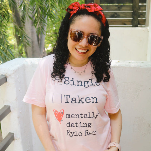 Custom Mentally Dating Shirt, personalize with your celebrity movie character crush. Mentally Dating Kylo Ren in white with red heart on black t-shirt. Size inclusive XS-4XL. Worldwide shipping. Nerdy fan merchandise outfits. Kylo Ren crush Stan simp red dark side good soup actor girls house of Gucci ben solo