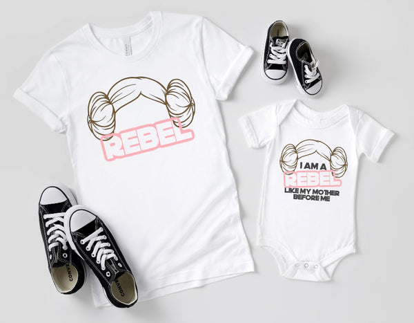 Matching Princess Leia Rebel Bun Shirt mommy and me Star Wars general organa like my mother before me jedi lightsaber galaxys edge tshirt graphic tee woman women child baby kid toddler youth cotton onesie dressup