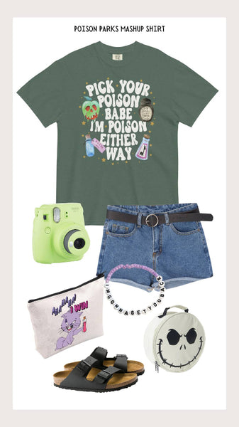 Purple graphic t-shirt with Disney poison apple and potion bottles design, surrounded by stars, with bold text ‘Pick Your Poison Babe I’m Poison Either Way’ – Halloween Taylor Swift inspired shirt. imgonnagetyouback the tortured poets department snow white emperors new groove izma nightmare before christmas deadly night shade llama sipper potion bottle alice in wonderland drink me snow white forest green poison parks mashup shirt