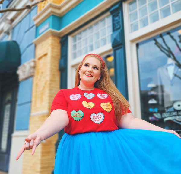 Unisex t-shirt with superhero-inspired candy heart Valentine design