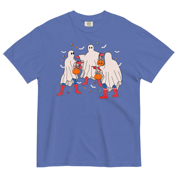 Blue Comfort Colors Halloween shirt featuring trick-or-treating sheet ghosts with pumpkin candy buckets and red web-inspired superhero boots.
Holland Zendaya brand new day comfort colors graphic tee