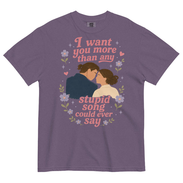 Comfort Colors garment-dyed t-shirt featuring Anakin and Padmé with floral artwork and lyrics inspired by Olivia Rodrigo's stupid song. Vintage Star Wars-inspired fandom shirt.