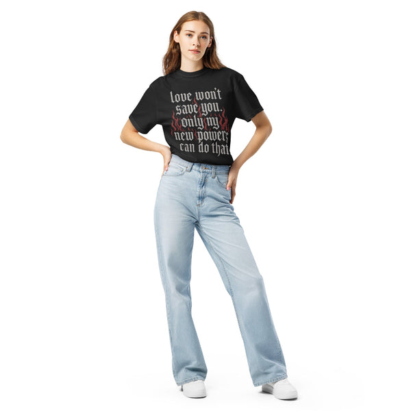Love Can't Save You Padme Comfort Colors Shirt featuring distressed gothic typography and red flames on a vintage black garment-dyed unisex tee.