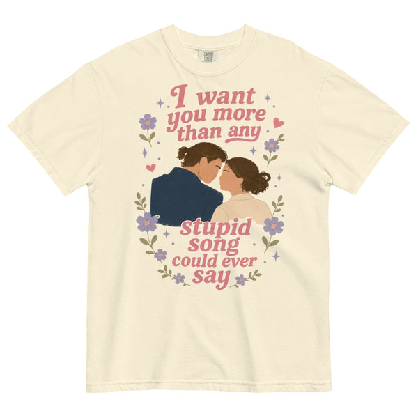 Comfort Colors garment-dyed t-shirt featuring Anakin and Padmé with floral artwork and lyrics inspired by Olivia Rodrigo's stupid song. Vintage Star Wars-inspired fandom shirt.