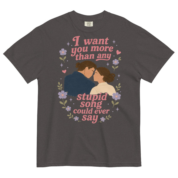 Comfort Colors garment-dyed t-shirt featuring Anakin and Padmé with floral artwork and lyrics inspired by Olivia Rodrigo's stupid song. Vintage Star Wars-inspired fandom shirt.