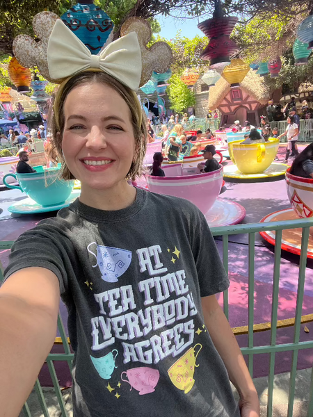 Disney Swiftie inspired Comfort Colors shirt featuring pastel teacups and “It’s Tea Time Everybody Agrees” design
