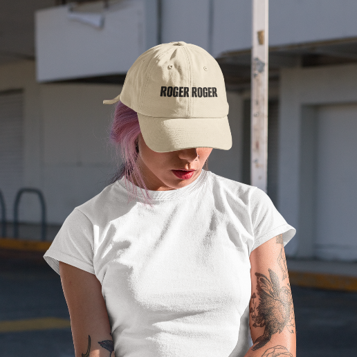 Garment-washed embroidered Roger Roger baseball hat inspired by Star Wars battle droids